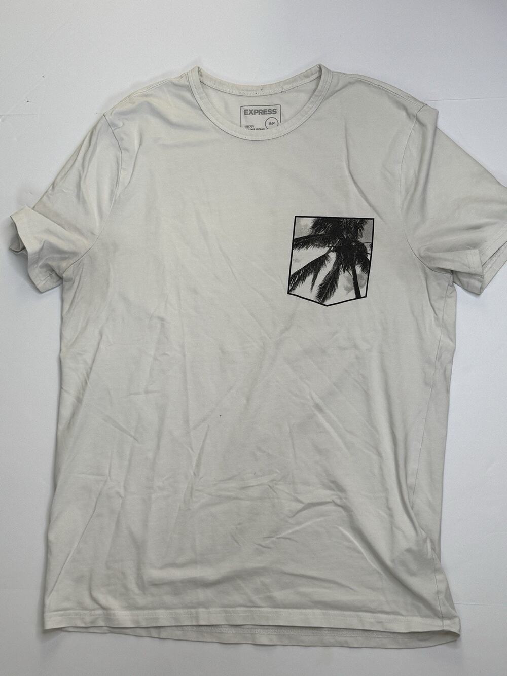 Express Mens M Palm Tree Pocket Graphic T Shirt White Stretch Moisture Wicking